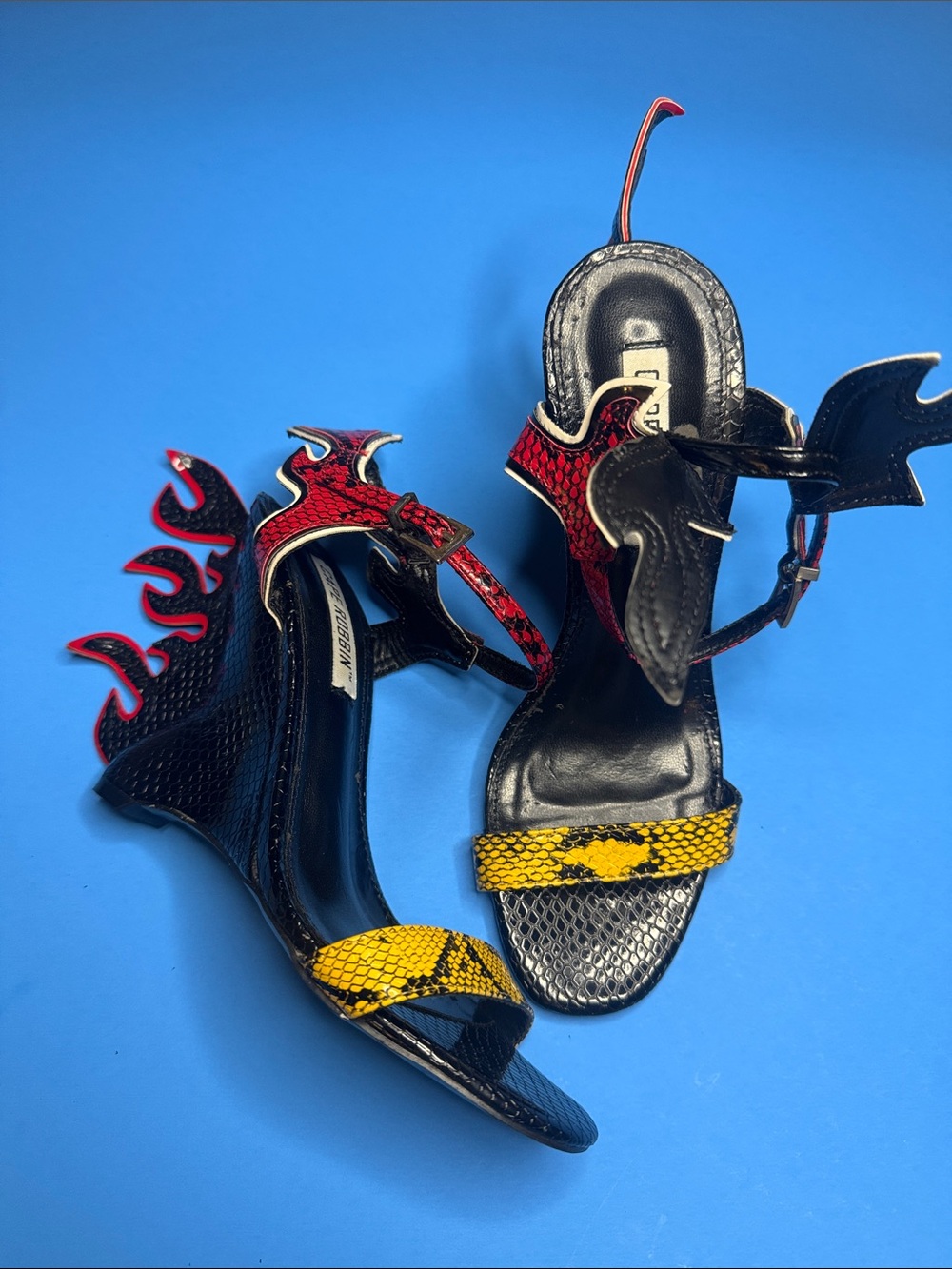 Cape Robbin Statement Flame-Detail Sandals in Black, Red & Yellow
